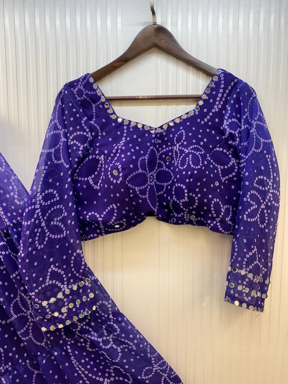 Purple Printed Georgette Real Mirror Work Navratri Lehenga Choli