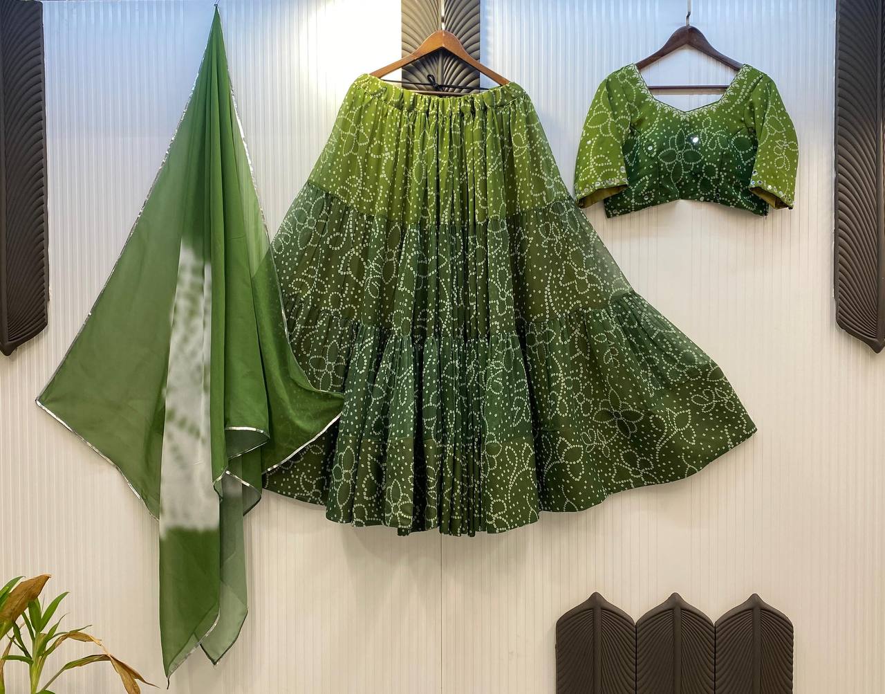 Green Printed Georgette Real Mirror Work Navratri Lehenga Choli