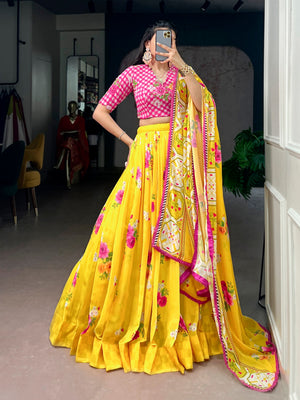 Floral printed lehenga choli yellow with sequin handwork blouse