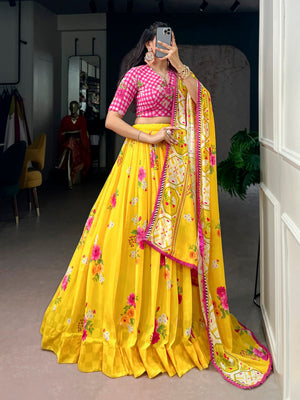 Yellow festive lehenga with printed dupatta for mehndi and sangeet