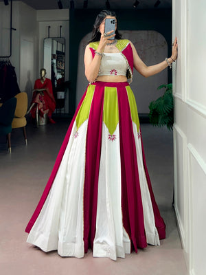Tri-color designer chaniya choli pink green white with lime green koti