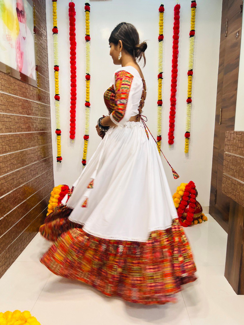 White Pure Reyon Silk Printed With Mirror Lace Work Navratri Lehenga Choli