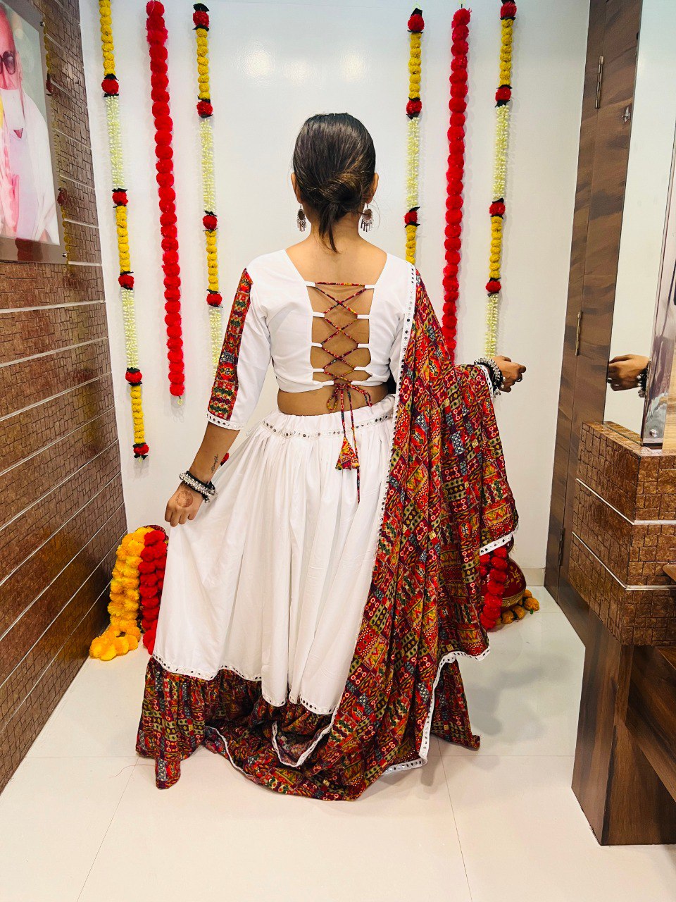 White Pure Reyon Silk Printed With Mirror Lace Work Navratri Lehenga Choli