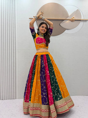 Traditional multicolour Navratri lehenga choli with thread sequin work for garba