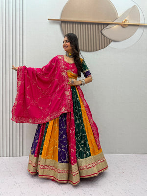 Multicolour milki silk Navratri chaniya choli with thread and sequin embroidery