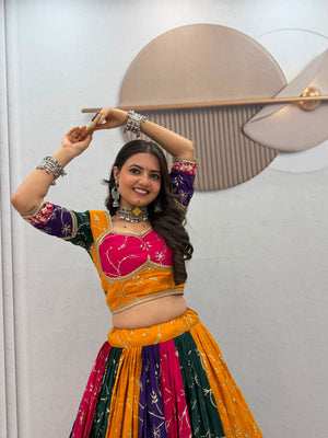 Navratri lehenga multicolour milki silk with gold zari border and pink dupatta