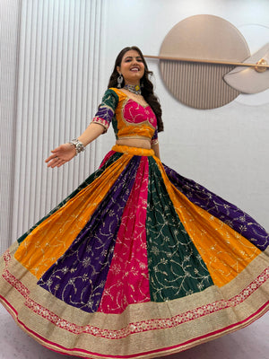 Designer Navratri chaniya choli with heavy embroidered pink blouse and mirror work