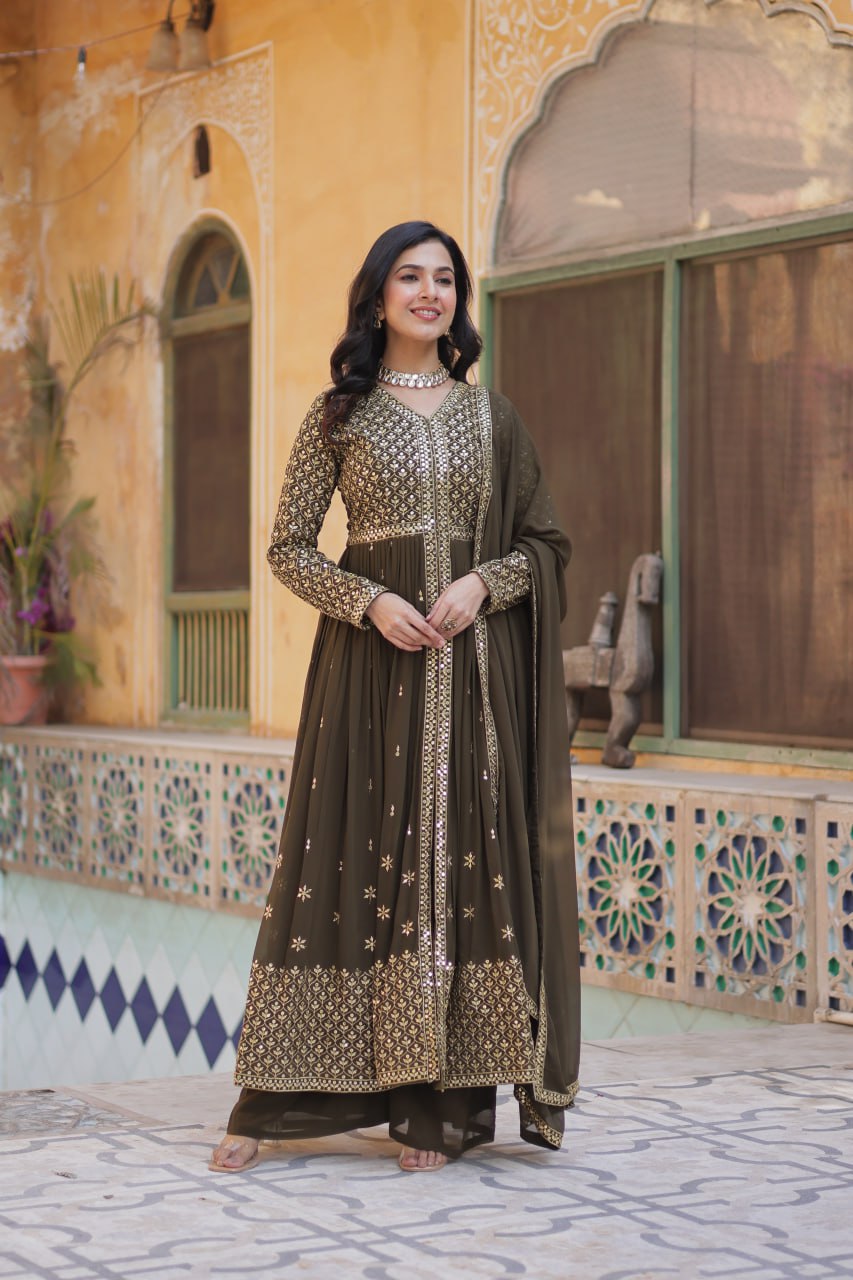 Mehndi Faux Georgette With Embroidered Work Kurti With Pant Dupatta Set