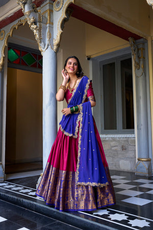 Half saree function pink and blue silk set with zari border