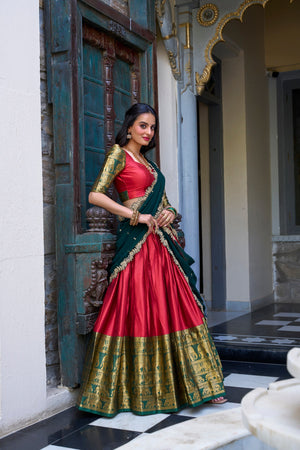 Traditional South Indian half saree red with gold zari and bottle green dupatta