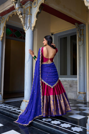 Traditional South Indian half saree rani pink with gold zari and blue dupatta