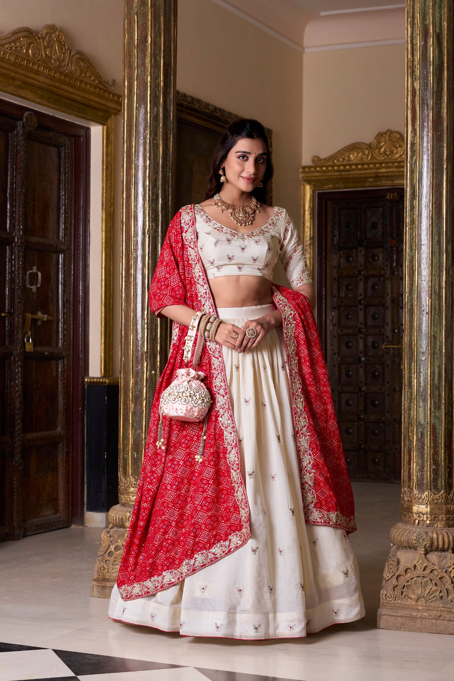 Off White Vichitra Silk Sequins And Thread Embroidery Work Lehenga Choli