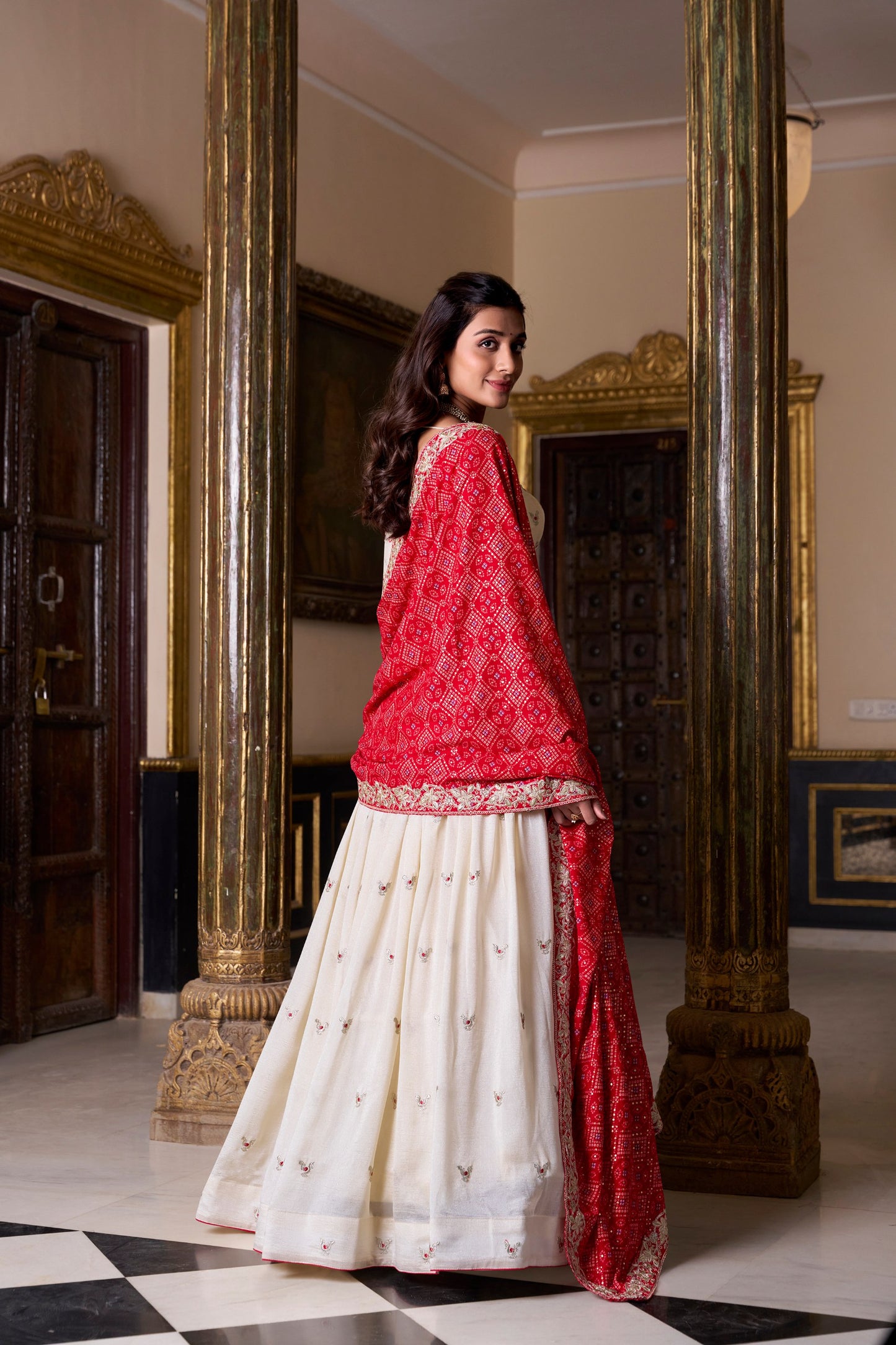 Off White Vichitra Silk Sequins And Thread Embroidery Work Lehenga Choli