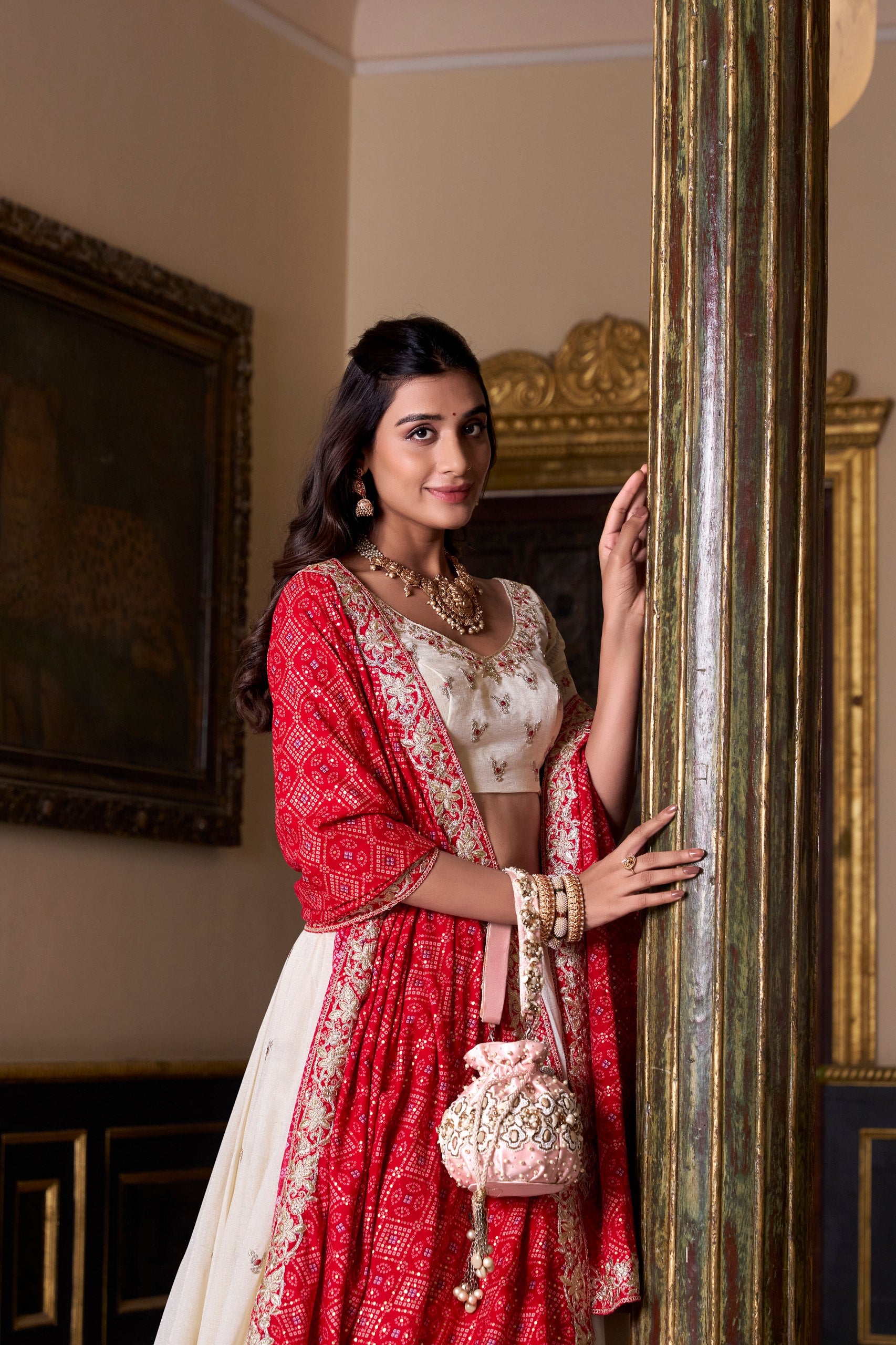 Off White Vichitra Silk Sequins And Thread Embroidery Work Lehenga Choli