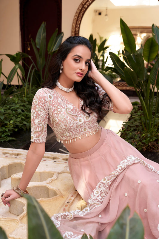 Peach Weone Silk Pearl Coding And Sequins Embroidery Work Lehenga Choli
