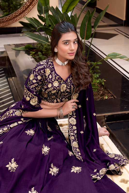 Purple Vichitra Silk Pearl Coding And Sequins Embroidery Work Lehenga Choli