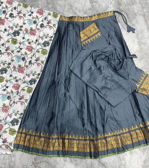 Half saree function grey lehenga with floral print dupatta and zari border