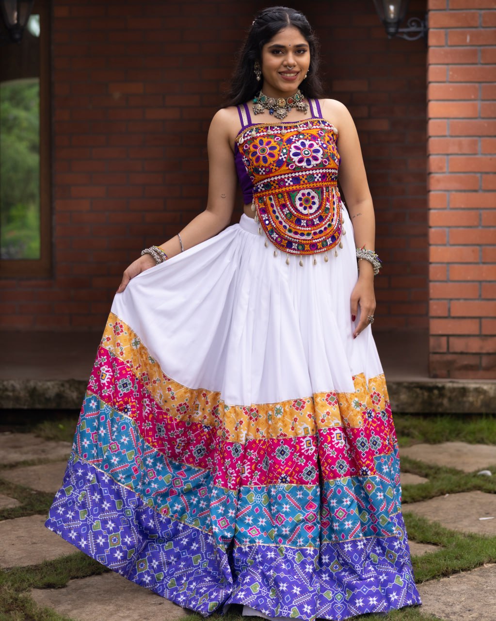 White Pure Rayon Cotton Patola Prints Muslin Patta Navratri Lehenga Choli