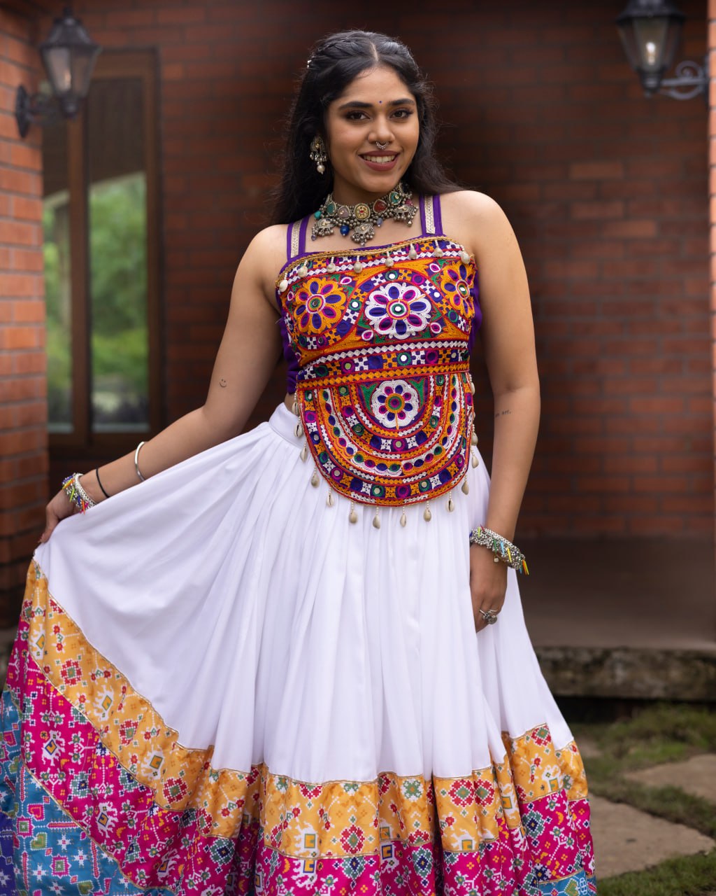 White Pure Rayon Cotton Patola Prints Muslin Patta Navratri Lehenga Choli