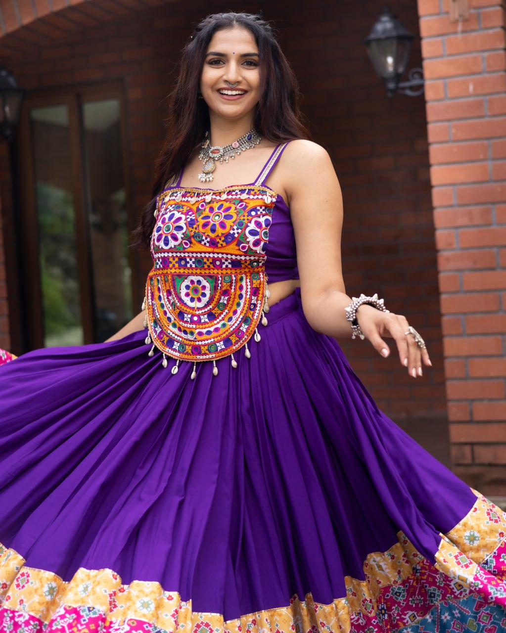 Purple Pure Rayon Cotton Patola Prints Muslin Patta Navratri Lehenga Choli