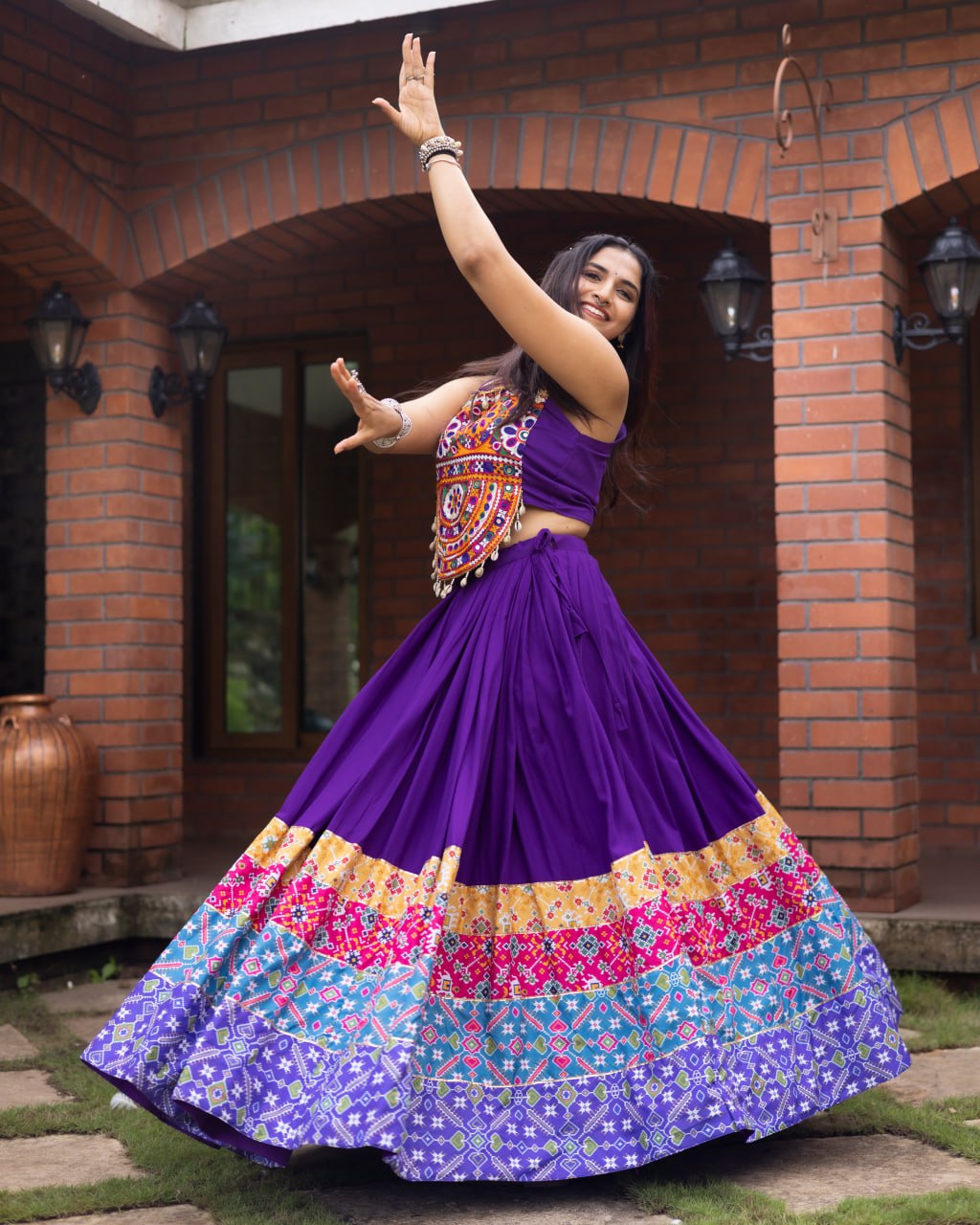 Purple Pure Rayon Cotton Patola Prints Muslin Patta Navratri Lehenga Choli