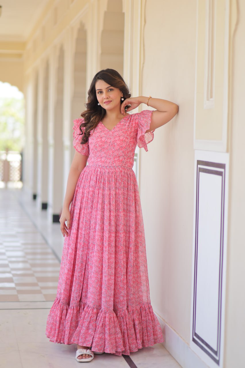 Baby Pink Color Faux Georgette With Print Gown