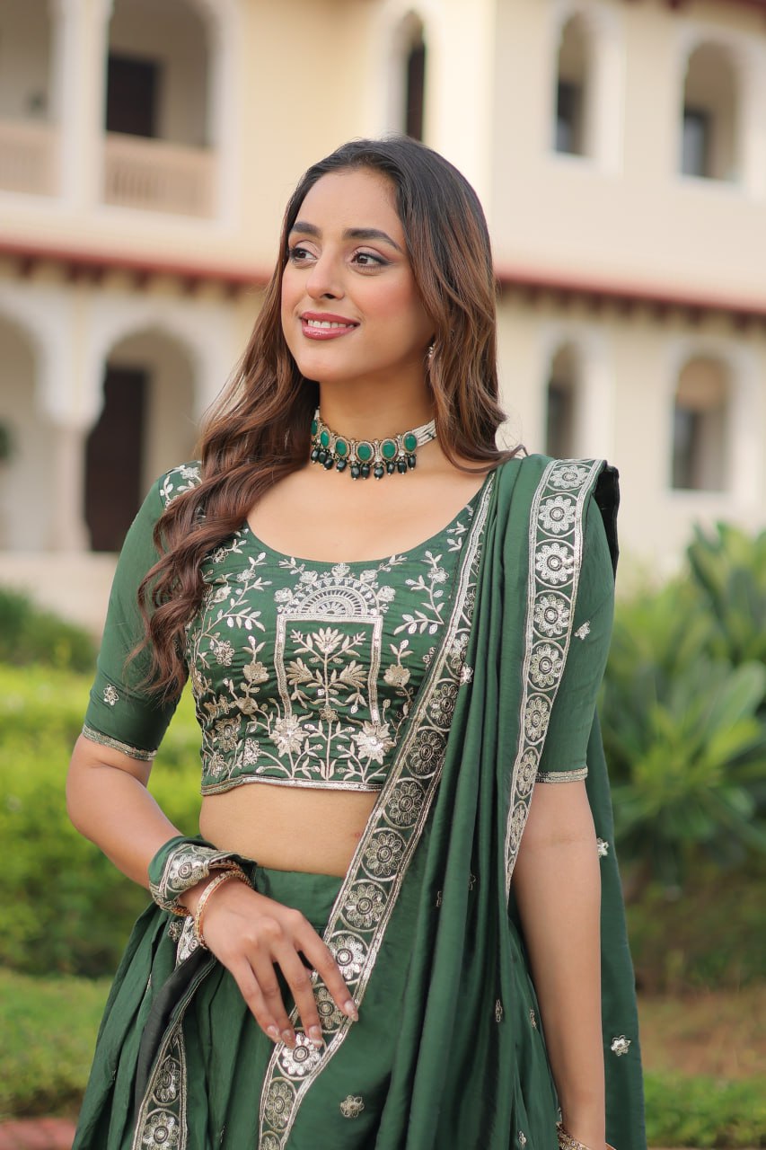 Green Vichitra Silk Sequins Zari Thread Embroidered Lehenga Choli – Designer Festive Lehenga
