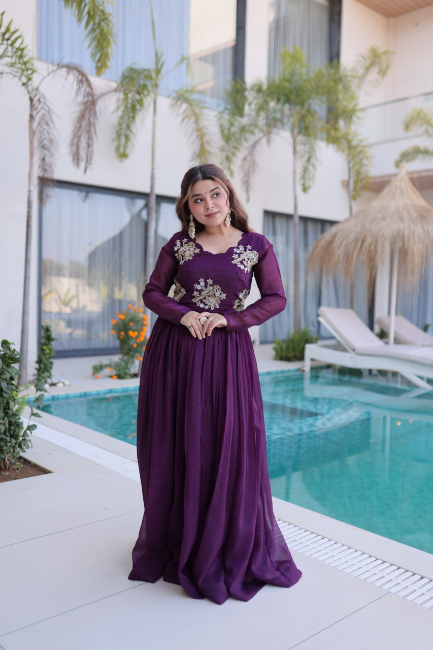 Purple Silver Beads Embroidered Party Wear Gown