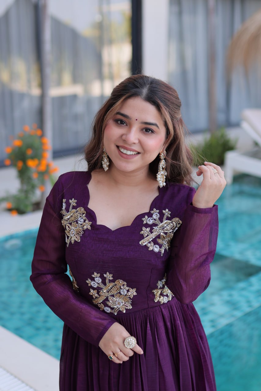 Purple Silver Crunchy Fabric Beads Embroidery Work Gown – Designer Festive Party Wear Gown