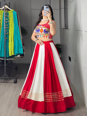 Dandiya outfit red white rayon cotton flared chaniya choli with gota patti