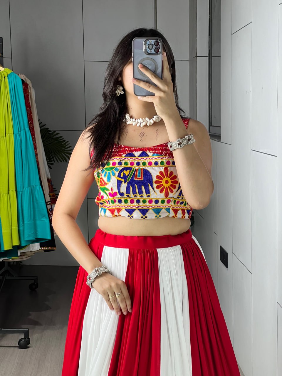 Garba chaniya choli red white with mirror work embroidered crop top blouse