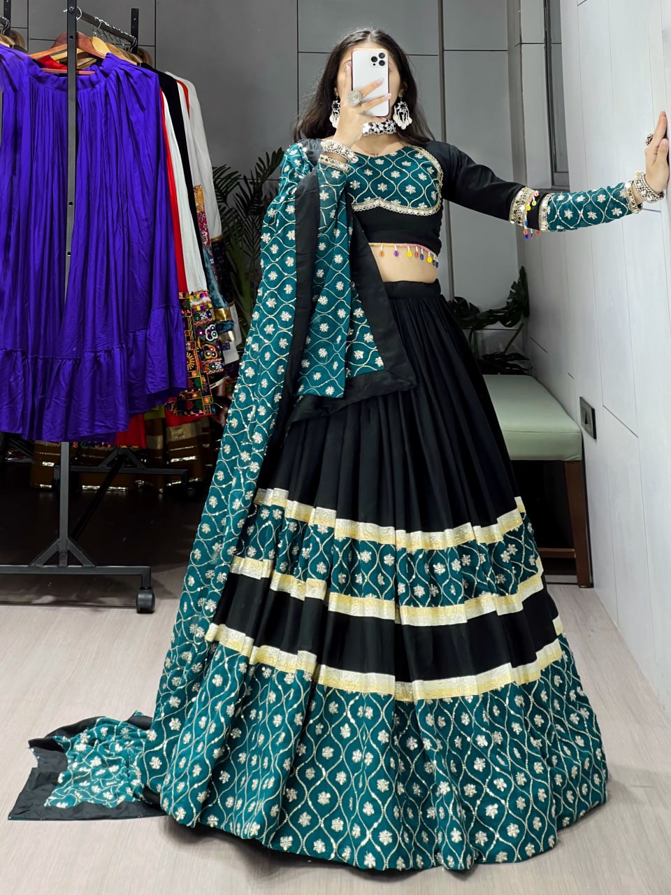 Black Pure Rayon Cotton Sequence Embroidery Work Navratri Lehenga Choli