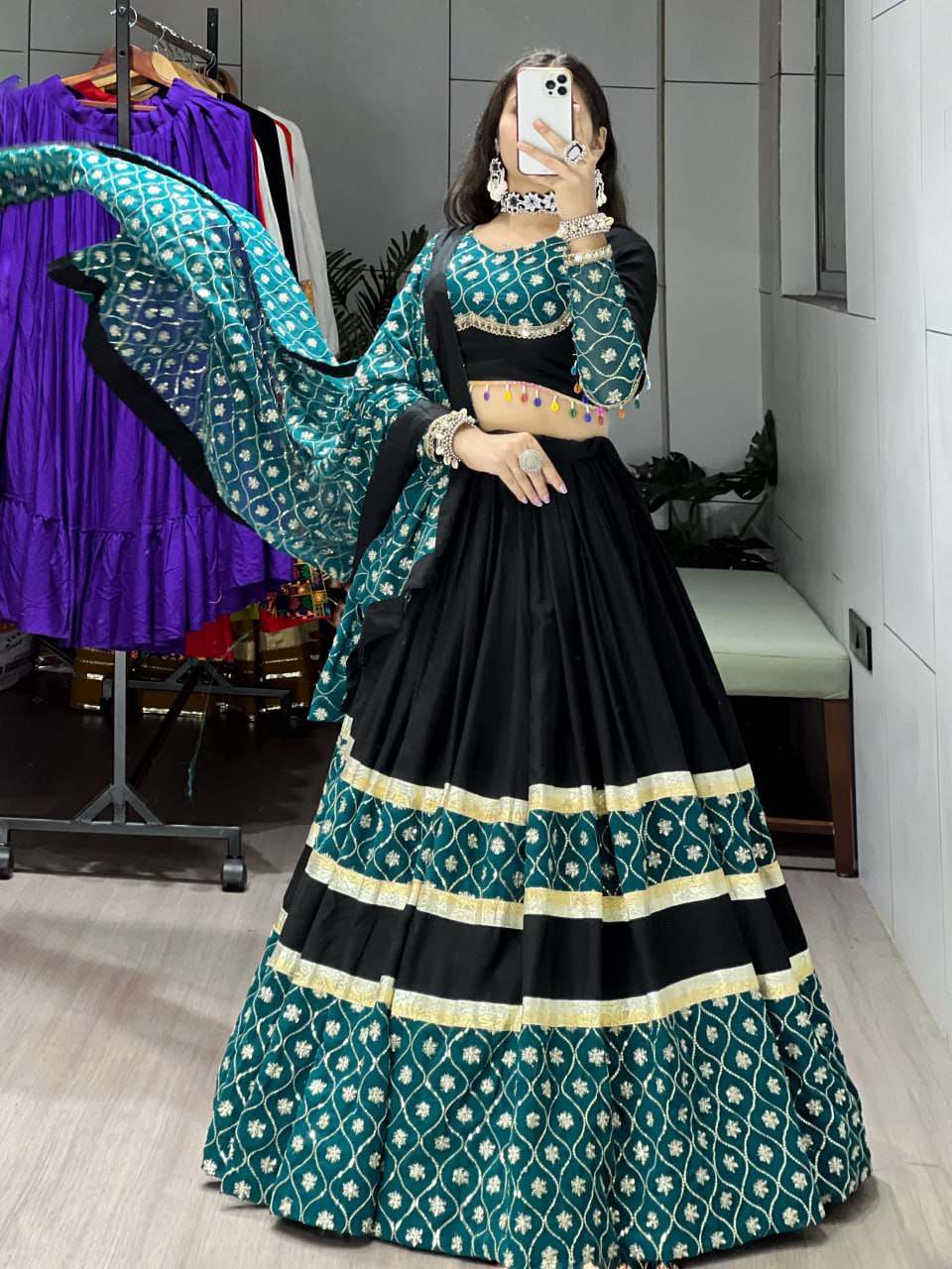 Black Pure Rayon Cotton Sequence Embroidery Work Navratri Lehenga Choli