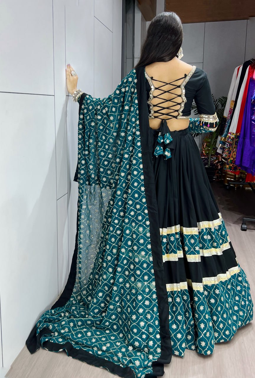 Black Pure Rayon Cotton Sequence Embroidery Work Navratri Lehenga Choli