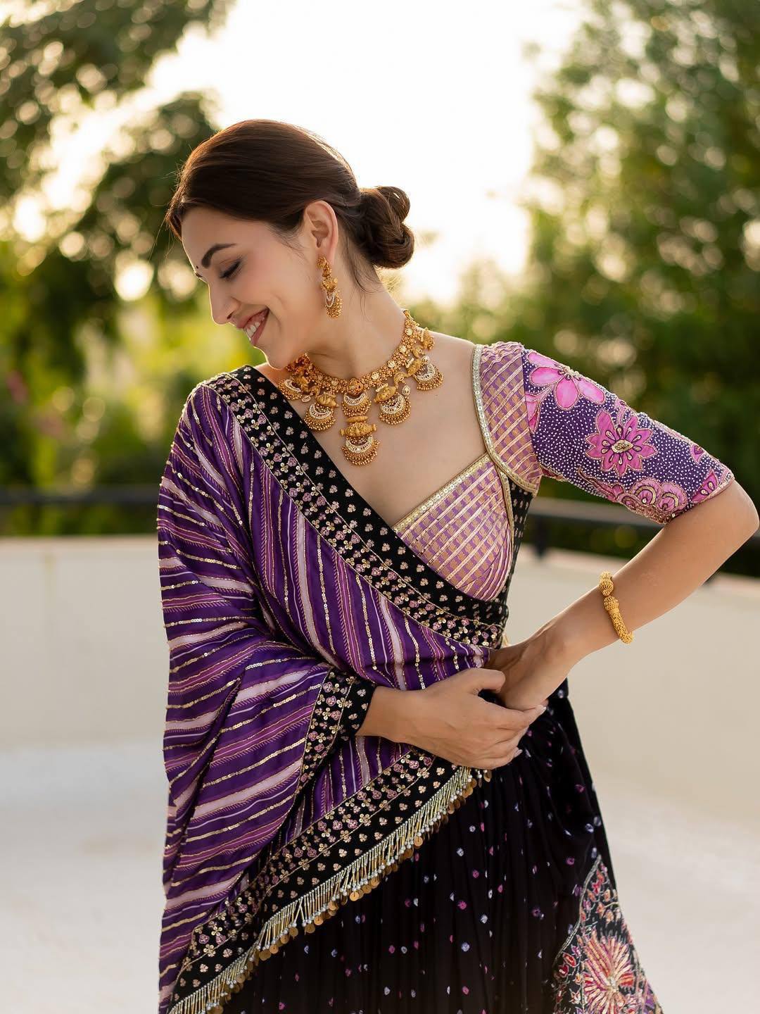 Midnight Black & Purple Heavy Malai Silk Navratri Lehenga Choli with Traditional Digital Print & Real Mirror Work