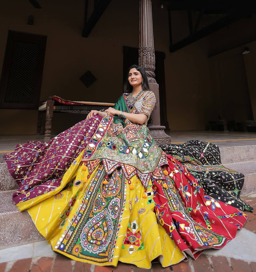 Multicolor Heavy Muslin Cotton Navratri Lehenga Choli with Traditional Digital Print & Real Mirror Work