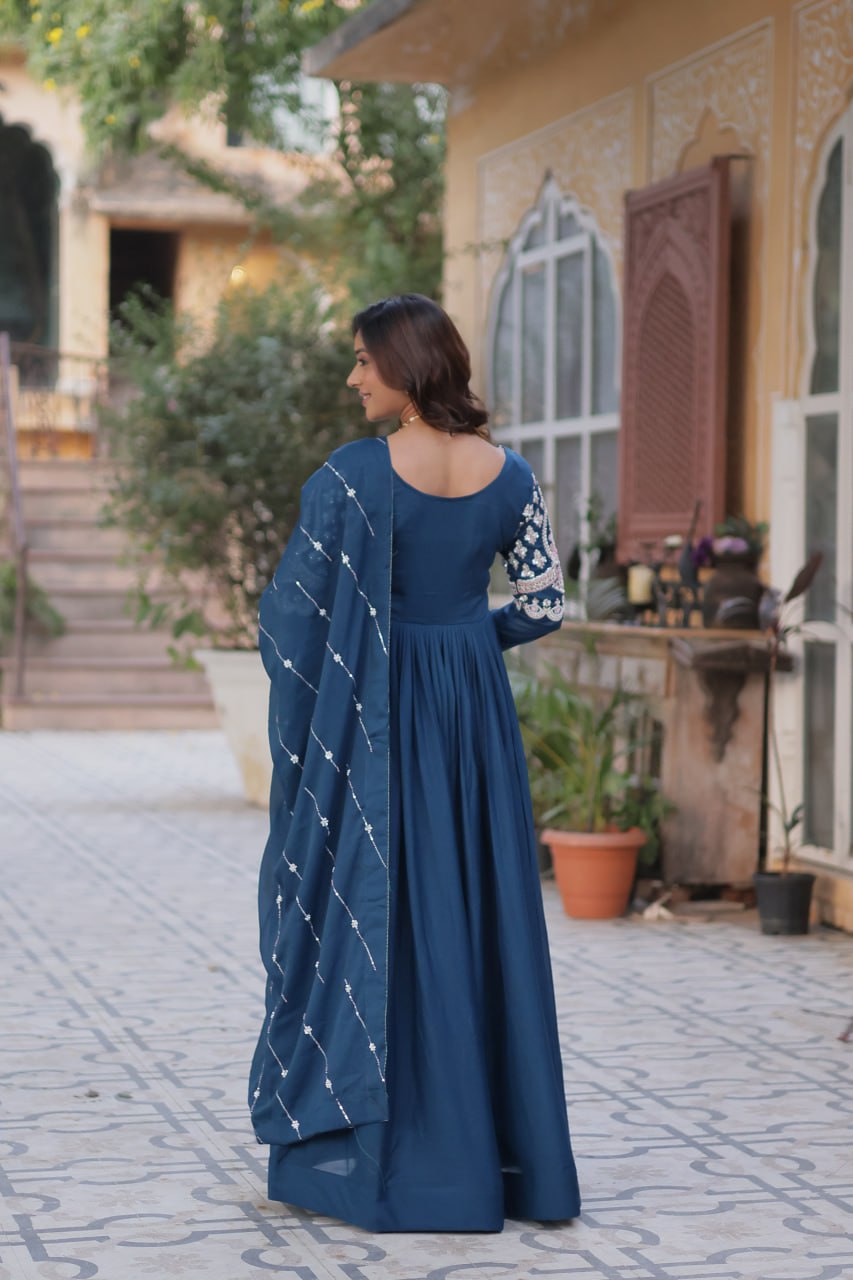 Navy Blue Star Georgette With Embroidery Beads Sequins Work Gown