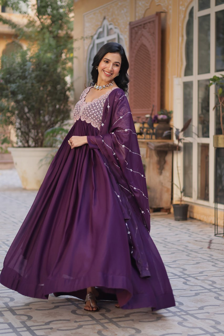 Wine Star Georgette With Embroidery Beads Sequins Work Gown