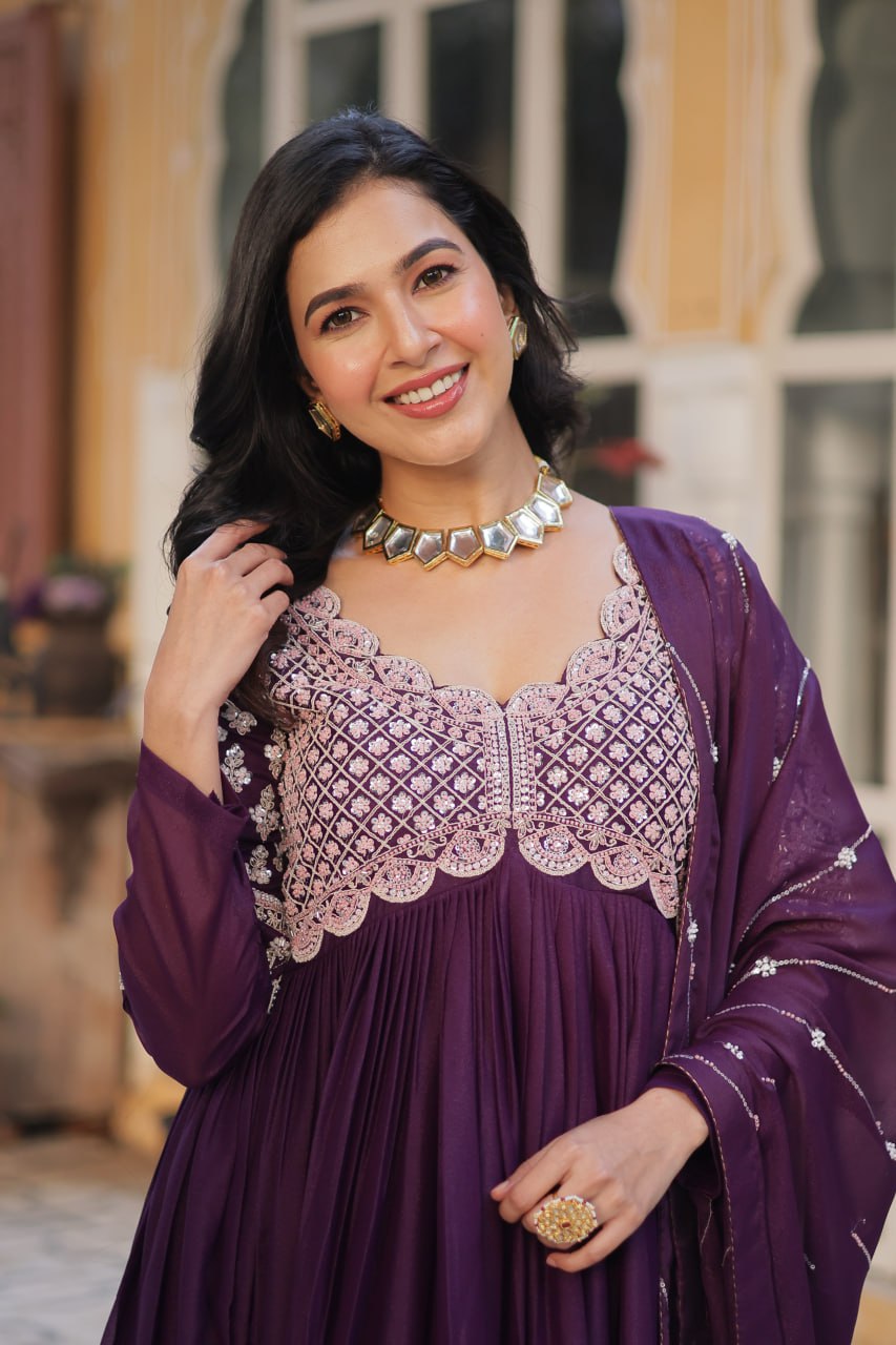 Wine Star Georgette With Embroidery Beads Sequins Work Gown
