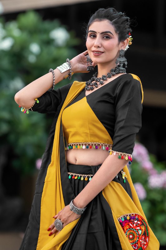 Yellow Pure Cotton Plain With Gamthi Lace and Mirror Work Navratri Lehenga Choli