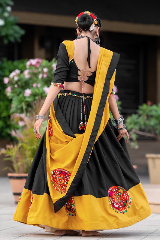 Yellow Pure Cotton Plain With Gamthi Lace and Mirror Work Navratri Lehenga Choli