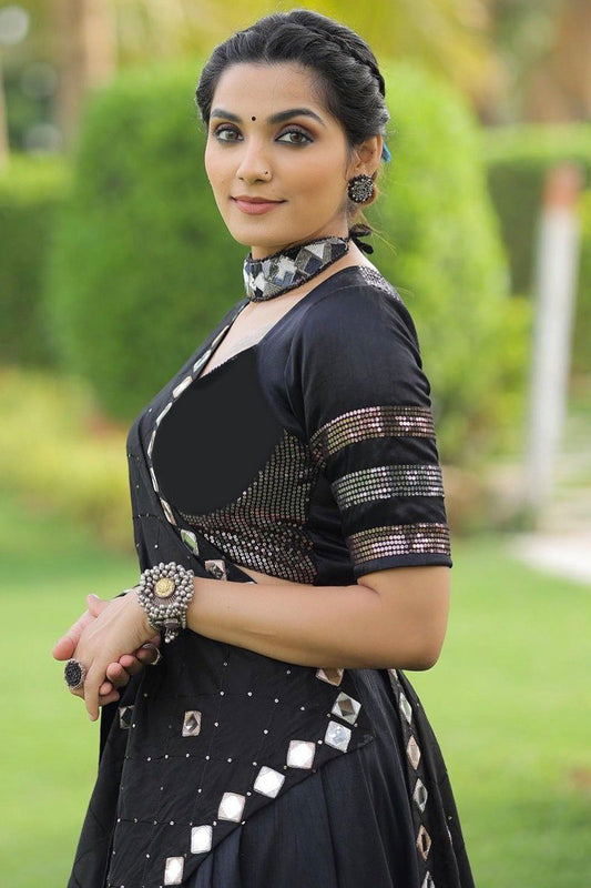 Black Pure Cotton Silk Sequins Work Butta Work Navratri Lehenga Choli