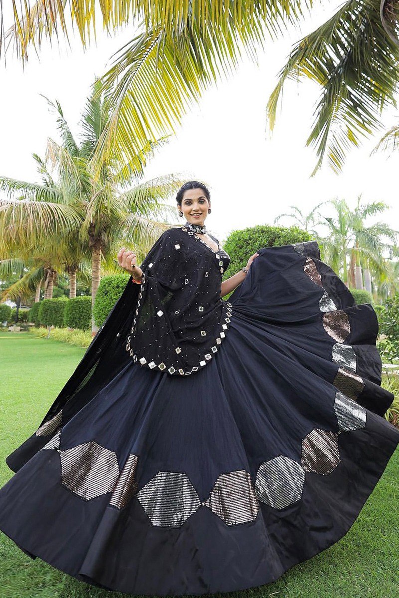 Black Pure Cotton Silk Sequins Work Butta Work Navratri Lehenga Choli