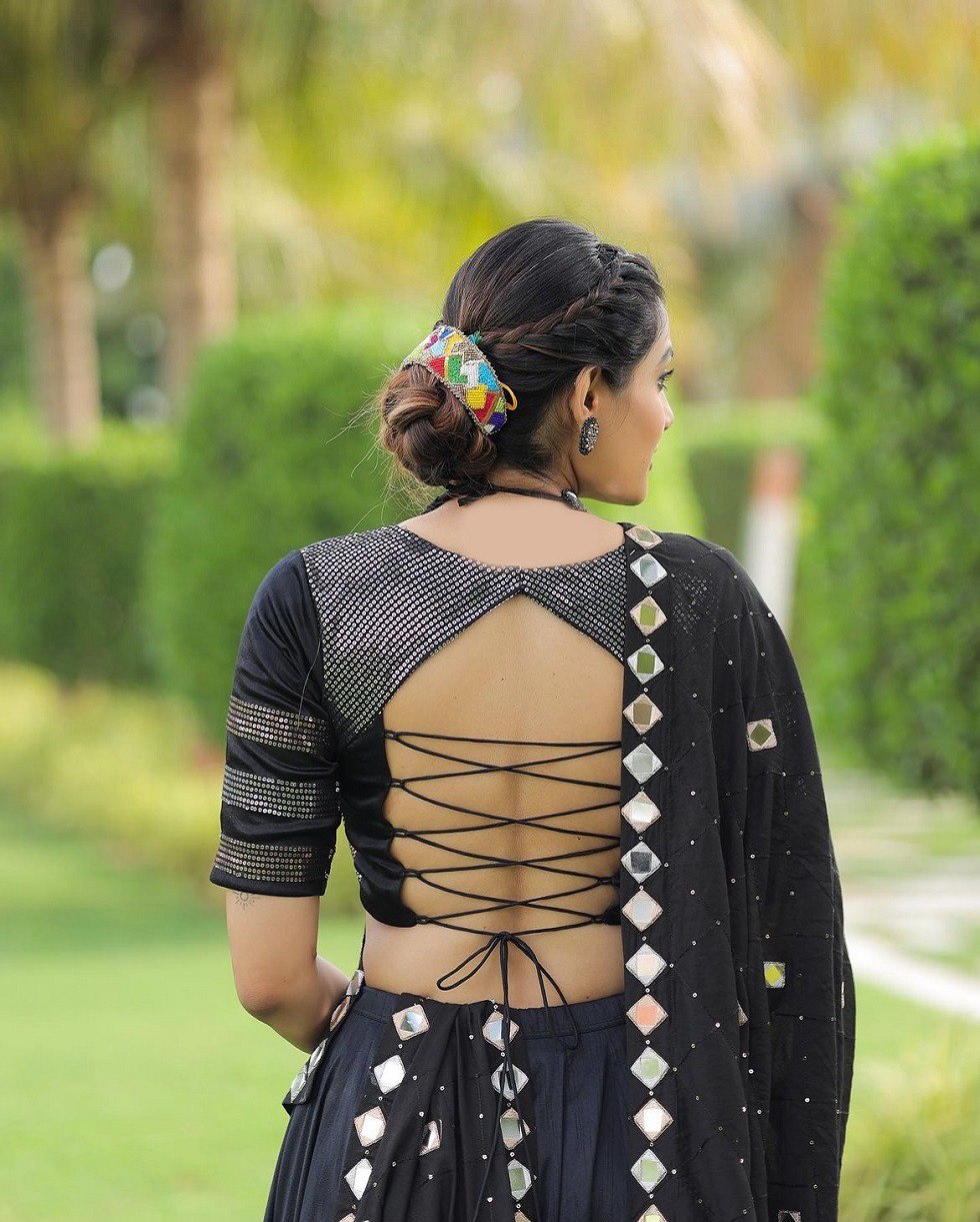 Black Pure Cotton Silk Sequins Work Butta Work Navratri Lehenga Choli
