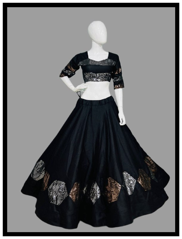Black Pure Cotton Silk Sequins Work Butta Work Navratri Lehenga Choli