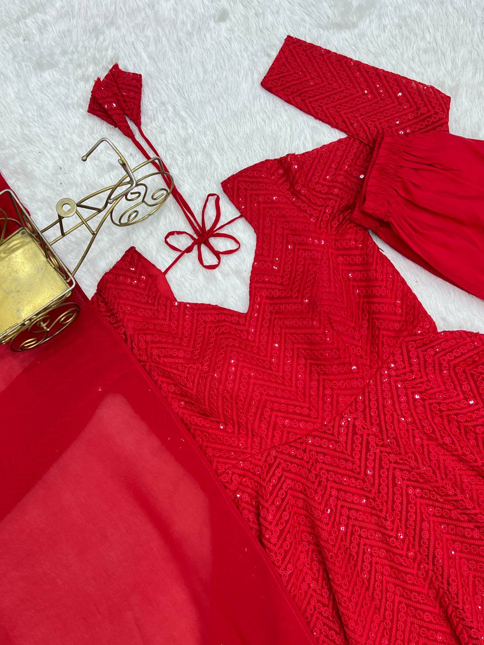 Red Georgette Lukhnowi Sequence Work Anarkali Salwar Suit