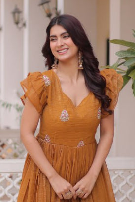 Golden Yellow Silver Crunchy Fabric Embroidery Work Gown – Designer Festive Party Wear Gown