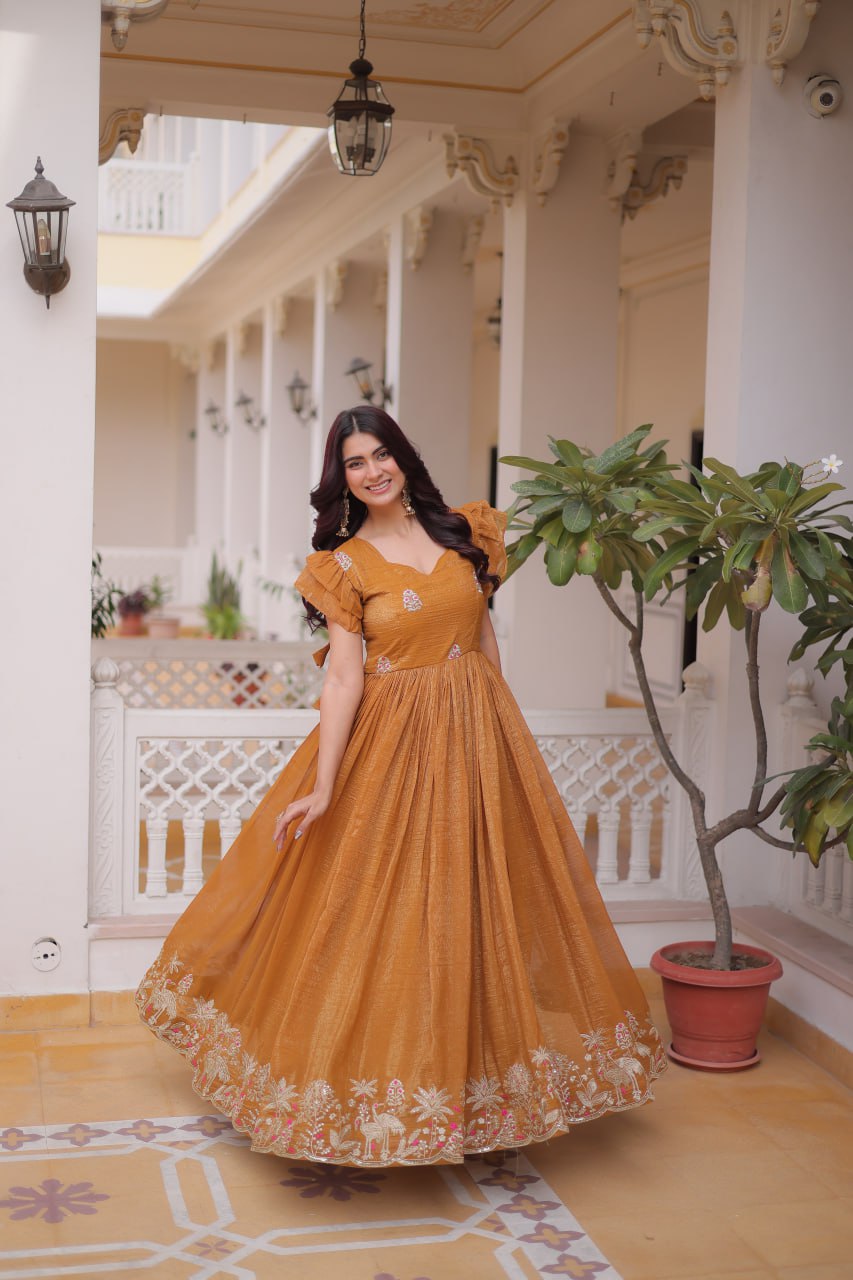 Golden Yellow Silver Embroidered Party Wear Gown | Designer Gown The Beauty Queen Golden Yellow Silver Embroidered Party Wear Gown | Designer Gown The Beauty Queen