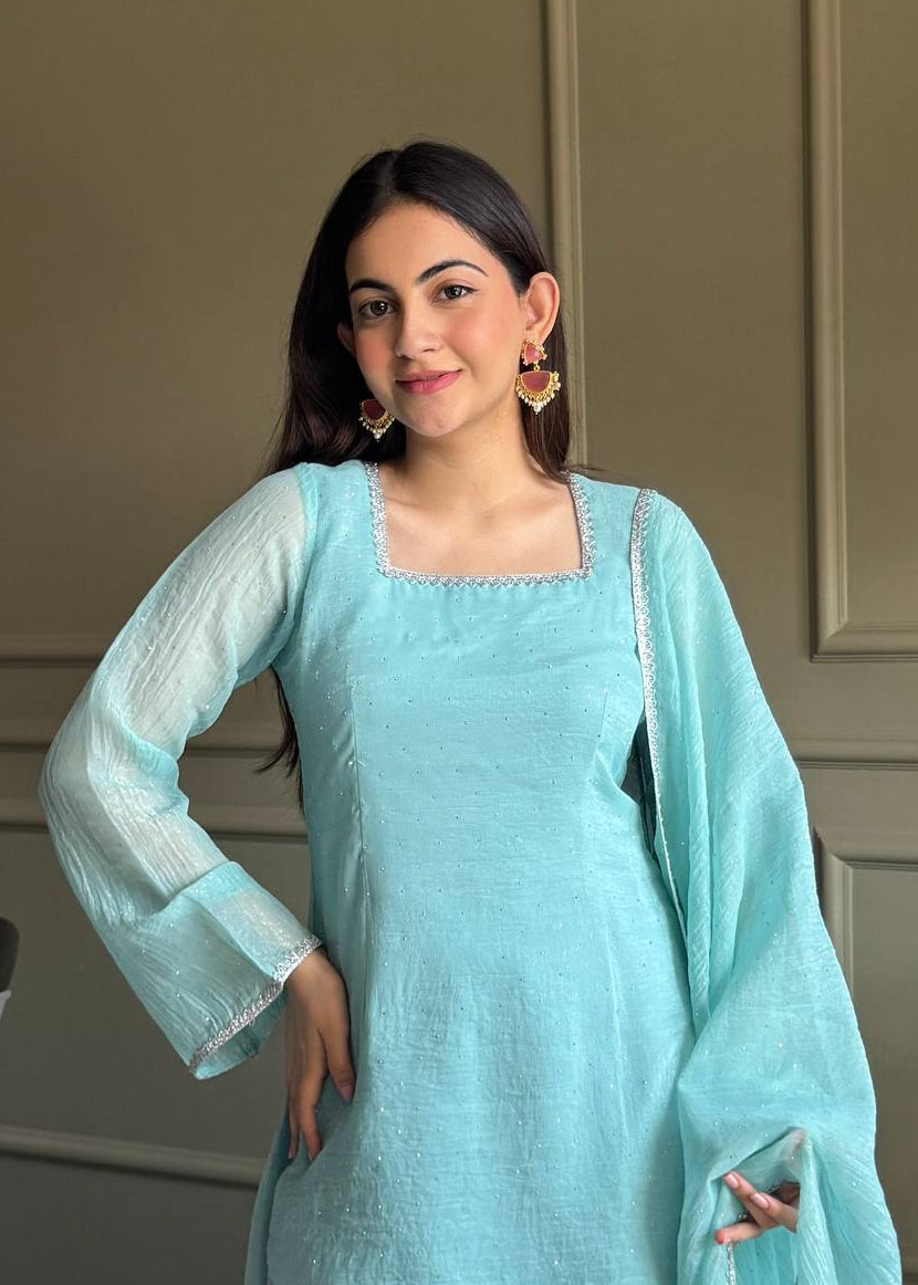 Pastel Blue Crunchy Silk Fabric Siroski Work Salwar Suit – Designer Festive Party Wear Suit