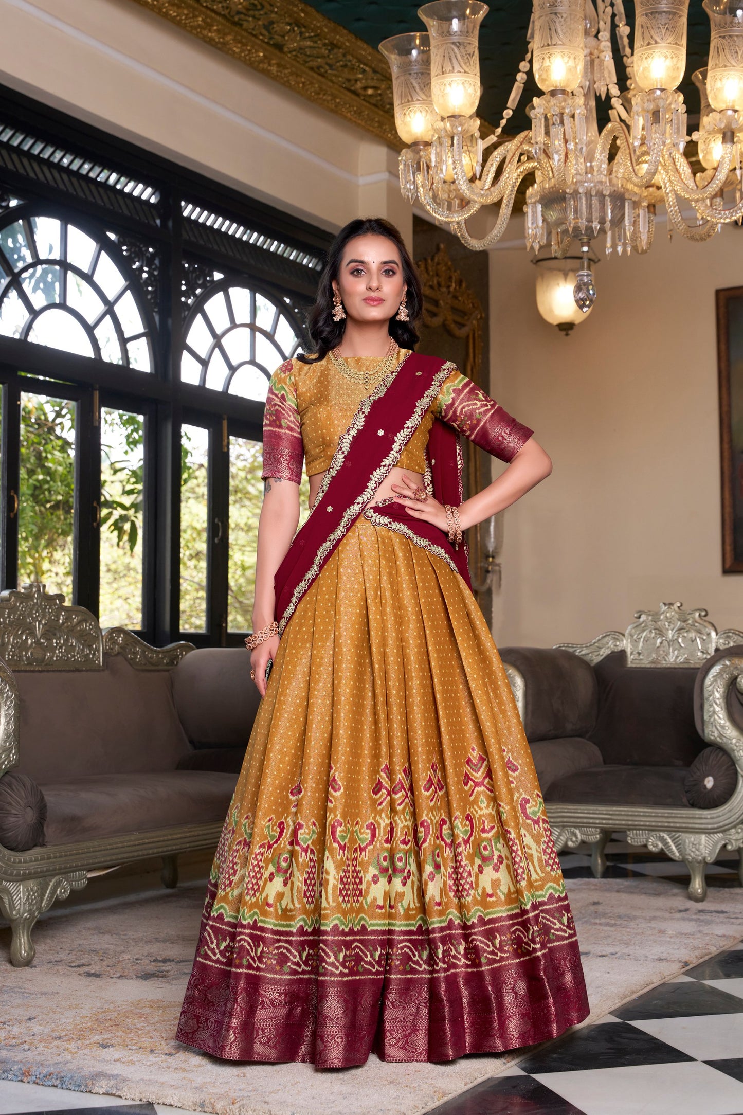 Musterd Printed With Zari Weaving Work Kanchipuram Lehenga Choli